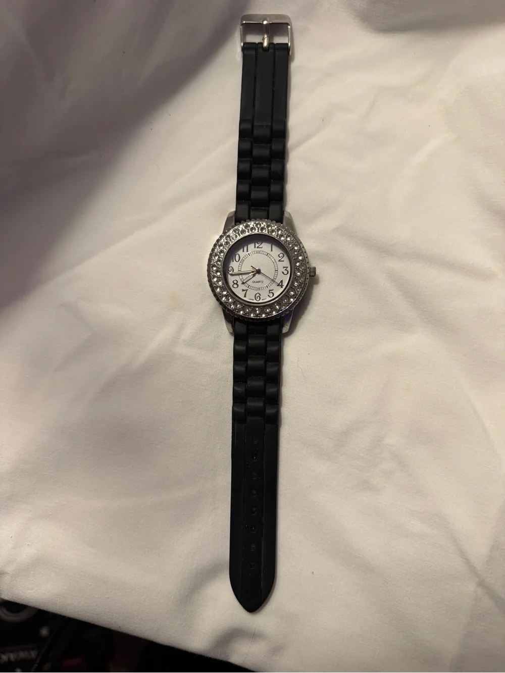 Women's Crystal Bezel Silicone Strap Watch - Black